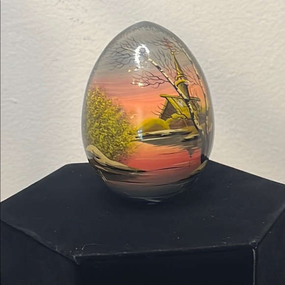 Vintage Hand Painted Lacquer Wooden Goose Egg European Landscape Scene USSR - Picture 1 of 9